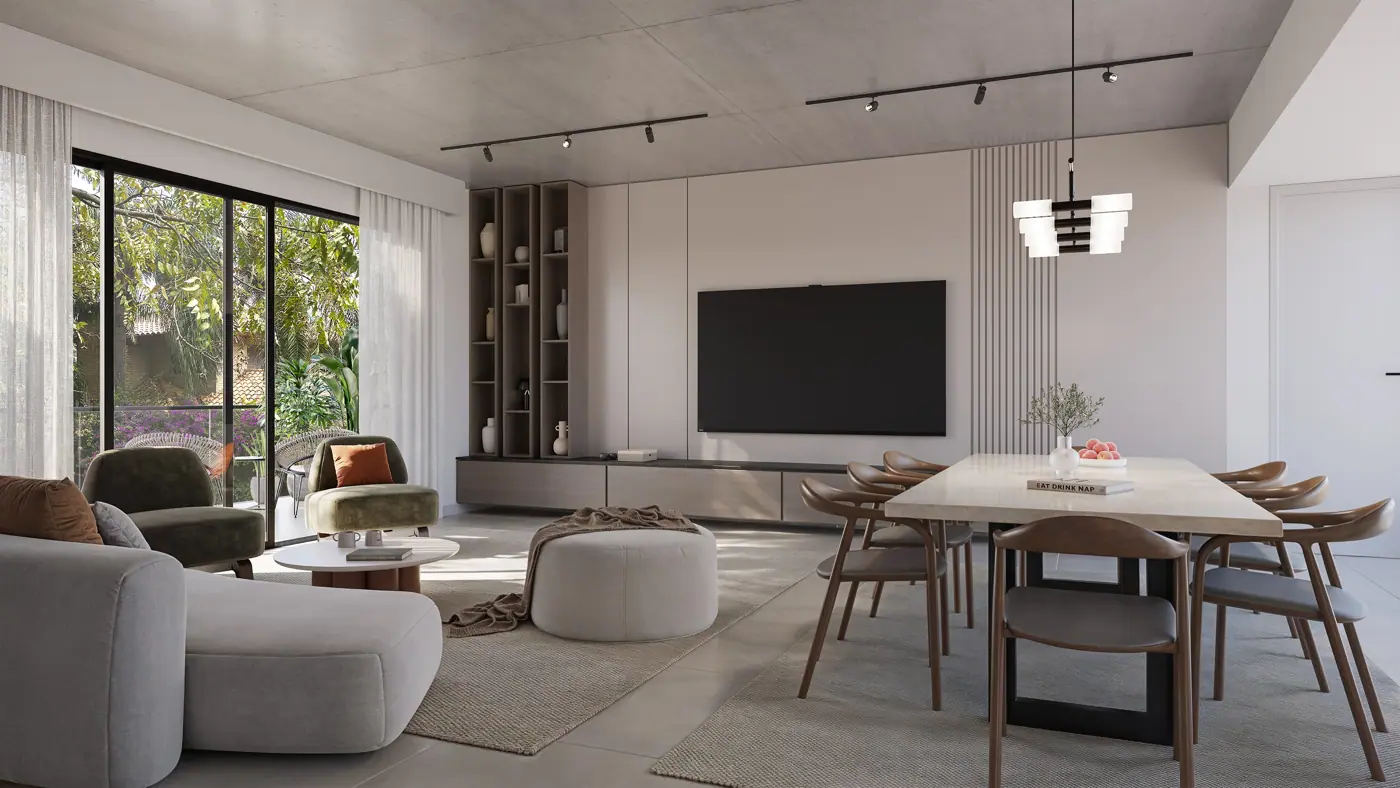 Living de un departamento en Ventura Ykua Sati (render)